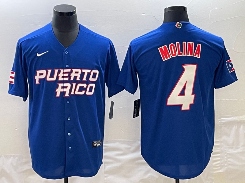 Men's Puerto Rico Baseball #4 Yadier Molina 2023 Royal World Baseball Classic Stitched Jersey Men's Puerto Rico Baseball #4 Yadier Molina 2023 Royal World Baseball Classic Stitched Jersey